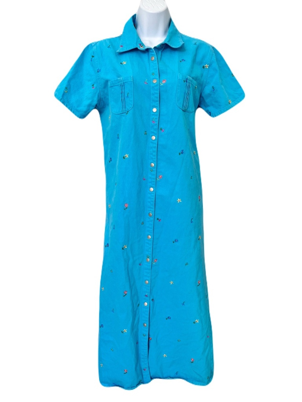 Vintage 90s Denim & Co. Turquoise Blue Denim Floral Embroidered Dress, Size M